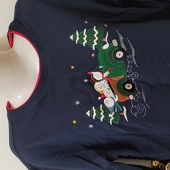 Vintage sweater snowman pullover navy blue embroidered fleece lined - Picture 2 of 4